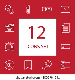 Set of 12 media icons line style set. Collection of telephone, cd, setting and other elements.