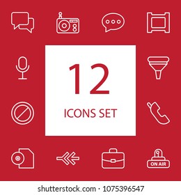 Set of 12 media icons line style set. Collection of frame, connection, prohibition and other elements.