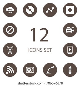 Set Of 12 Media Icons Set.Collection Of Interview, Phone, Feed And Other Elements.