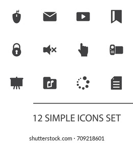 Set Of 12 Media Icons Set.Collection Of Click, Begin, Sheet And Other Elements.