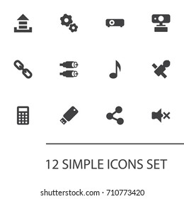 Set Of 12 Media Icons Set.Collection Of Gear, Satellite, Presentation And Other Elements.