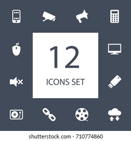 Set Of 12 Media Icons Set.Collection Of Hyperlink, Cctv, Flash Drive And Other Elements.