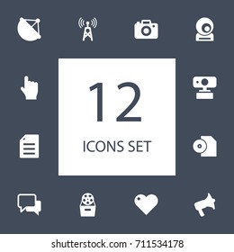 Set Of 12 Media Icons Set.Collection Of Videoconference, Sheet, Archive And Other Elements.