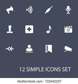 Set Of 12 Media Icons Set.Collection Of Plus, Bullhorn, Quaver And Other Elements.