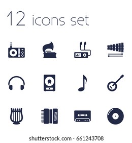 Set Of 12 Melody Icons Set.Collection Of Harmonica, Amplifier, Lyre And Other Elements.