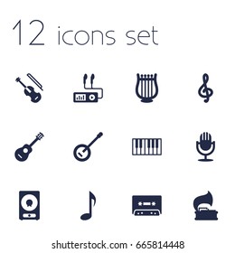 Set Of 12 Melody Icons Set.Collection Of Fiddle, Turntable, Tone Symbol And Other Elements.
