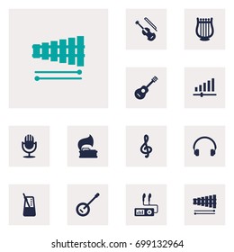 Set Of 12 Melody Icons Set.Collection Of Earphones, Audio Device, Karaoke And Other Elements.