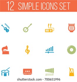 Set Of 12 Melody Icons Set.Collection Of Fiddle, Retro Disc, Lyre And Other Elements.