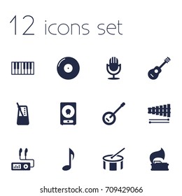 Set Of 12 Melody Icons Set.Collection Of Karaoke, Turntable, Retro Disc And Other Elements.