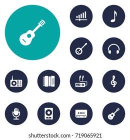 Set Of 12 Melody Icons Set.Collection Of Earphones, Tape, Quaver And Other Elements.