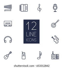 Set Of 12 Melody Outline Icons Set.Collection Of Wooden Block, Record, Station And Other Elements.