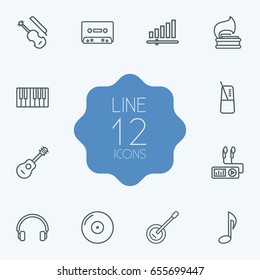 Set Of 12 Melody Outline Icons Set.Collection Of Record, Fortepiano, Fiddle And Other Elements.