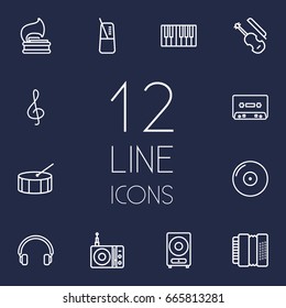 Set Of 12 Melody Outline Icons Set.Collection Of Harmonica, Percussion, Vinyl And Other Elements.