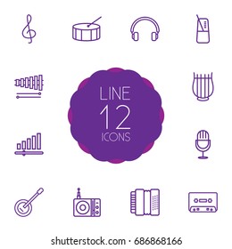 Set Of 12 Melody Outline Icons Set.Collection Of Headphones, Record, Wooden Block And Other Elements.