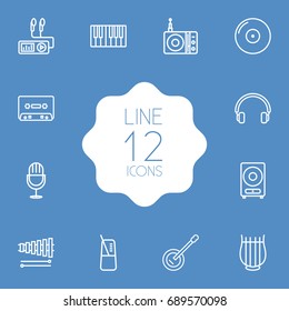 Set Of 12 Melody Outline Icons Set.Collection Of Amplifier, Fortepiano, Loudspeaker And Other Elements.