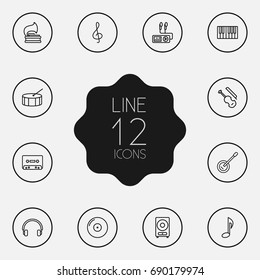 Set Of 12 Melody Outline Icons Set.Collection Of Musical Sign, Percussion, Turntable And Other Elements.