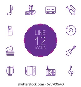 Set Of 12 Melody Outline Icons Set.Collection Of Stringed, Harmonica, Acoustic And Other Elements.