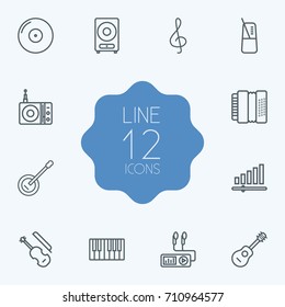 Set Of 12 Melody Outline Icons Set.Collection Of Fiddle, Station, Acoustic And Other Elements.