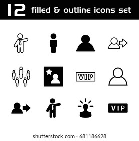 Set of 12 member filled and outline icons such as vip, businessman, favorite photo, user bulb, user