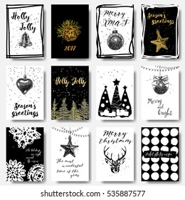 Set of 12 Merry Christmas and Happy New Year hand drawn greeting cards. Holly Jolly, 2017, Merry Xmas, Seasons's Greeting, Merry and Bright, The most wonderful time of the year.