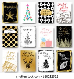 Set of 12 Merry Christmas and Happy New Year hand drawn greeting cards. Holly Jolly, Merry Xmas, Seasons's Greeting, Merry and Bright, The most wonderful time of the year.