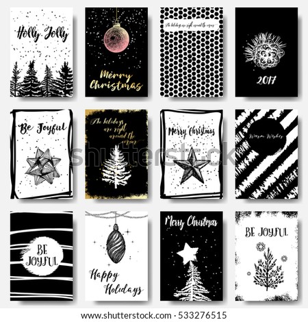 Set of 12 Merry Christmas and Happy New Year hand drawn greeting cards. Holly Jolly, 2017, Be Joyfull, Happy Holidays, Warm Wishes, The holidays are right around the corner.