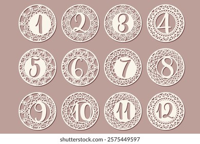 Set of 12 milestone cards with lace-style circular frames and numbers from 1 to 12. Perfect for baby photoshoots, monthly milestones, scrapbooking, or nursery decor.