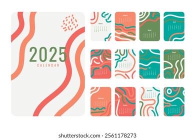 A set of 12 minimalist calendar cards for 2025, each featuring a unique abstract design in earthy tones. Perfect for planners, journals, and home decor.