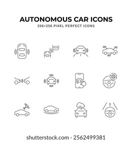 Set of 12 minimalist line icons depicting various aspects of autonomous car technology including self-parking remote control and sensor systems Perfect for illustrating driverless vehicle concepts.