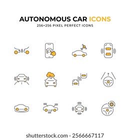 Set of 12 minimalist line icons depicting various aspects of autonomous car technology including self-parking remote control and sensor systems Perfect for illustrating driverless vehicle concepts.