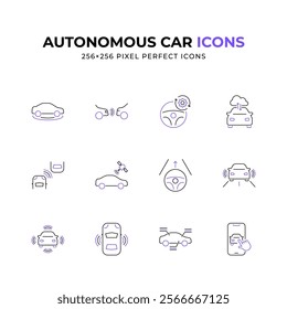 Set of 12 minimalist line icons depicting various aspects of autonomous car technology including self-parking remote control and sensor systems Perfect for illustrating driverless vehicle concepts.