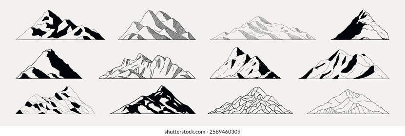 Set of 12 minimalist mountain illustrations in black and white. Each mountain design is unique, showcasing various shapes and textures. Perfect for nature-themed projects. Nature elements, vector set.