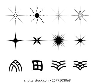 Set of 12 Minimalist Star, Sun, and Architectural Window Icons.  Symmetrical and Stylized Sun, Star, and Decorative Window Design Elements
