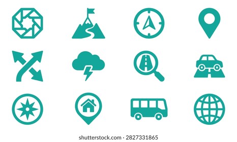 Set of 12 minimalist teal navigation and travel icons featuring location pins, compass, mountain peak with flag, globe, bus, car, storm cloud, and directional arrows on white background.