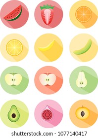 Set of 12 minimalistic flat design icons with slice summer fruits. Colorful collection. Icons in circles with drop shadow