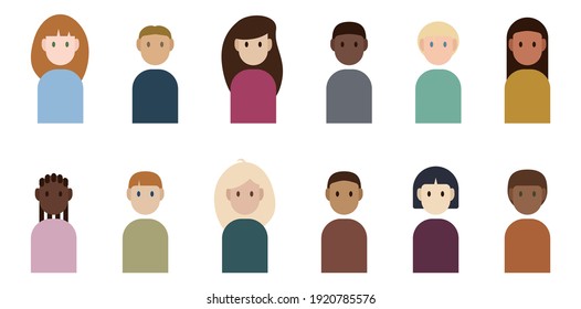 Set of 12 minimalistic people icons. Multiethnic avatars. Flat style images of different persons.