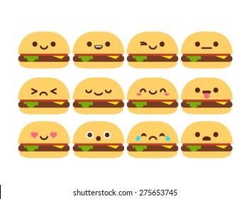 Set of 12 modern flat emoticons: cute cartoon burger with different emotions.