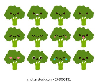 Set of 12 modern flat emoticons: cute cartoon broccoli with different emotions.