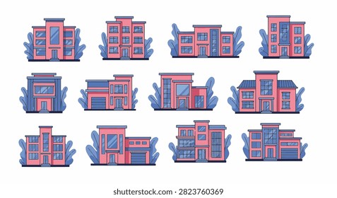 Set of 12 modern flat vector building illustrations featuring pink and blue facades, minimalist windows, and stylized foliage accents on a clean white background.