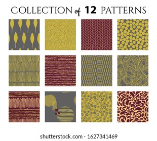 Set of 12 modern seamless creative patterns in  a single color scheme. Vector cover templates