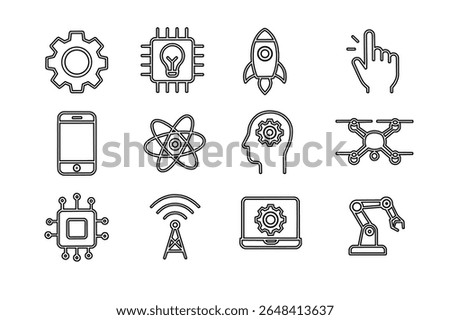 Set of 12 modern technology icons in linear style. Includes AI chip, rocket, touch screen, atom, drone, robot arm, brain, laptop, and network. Perfect for tech, AI, and innovation themes.