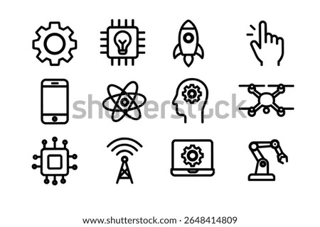 Set of 12 modern technology icons in bold line style. Includes AI chip, mobile, rocket, drone, robot arm, brain, signal tower, and gear. Ideal for tech, science, and innovation themes.