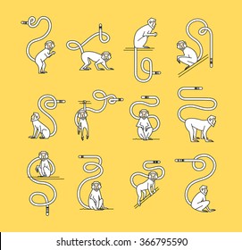 Set of 12 monkeys isolated on a yellow background. Pour a thin black line,  hipster. It can be used to print labels, stickers, prints, posters.