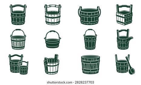 Set of 12 monochrome illustrations featuring traditional wooden buckets, pails, and tubs with different handle styles, metal rings, and wood grain textures on a plain white background.