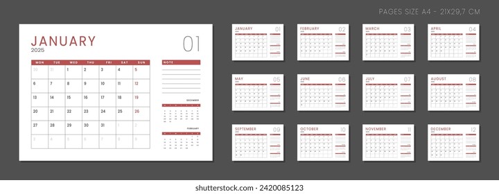 Conjunto de 12 páginas mensuales Calendario Planner en 2025 año. Plantilla vectorial de un calendario sencillo de pared o escritorio con semana de inicio lunes en color gris y rojo para impresión.