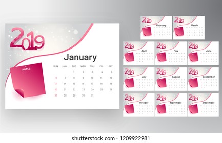 Set of 12 months, desk planner layout for 2019 with place for your important notes.