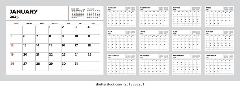 Set of 12 months of monthly calendars for 2025. Desktop calendar with simple design. Week starts on Sunday.
