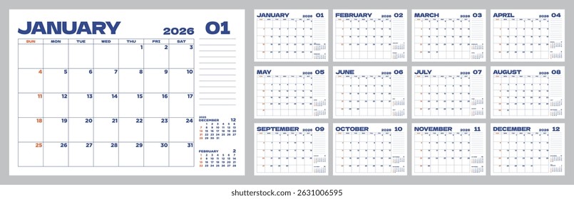 Set of 12 months of monthly calendars for 2026, simple desktop calendar starting on Sunday.