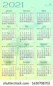 Set of 12 months on a Aqua Menthe color background with dandelions flowers and seeds. Illustration of 2021 year wall calendar on English language in vector. Week starts on Monday, Sunday highlighted.