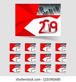 Set of 12 months, yearly calendar design with stylish lettering of 2019 on abstract background.